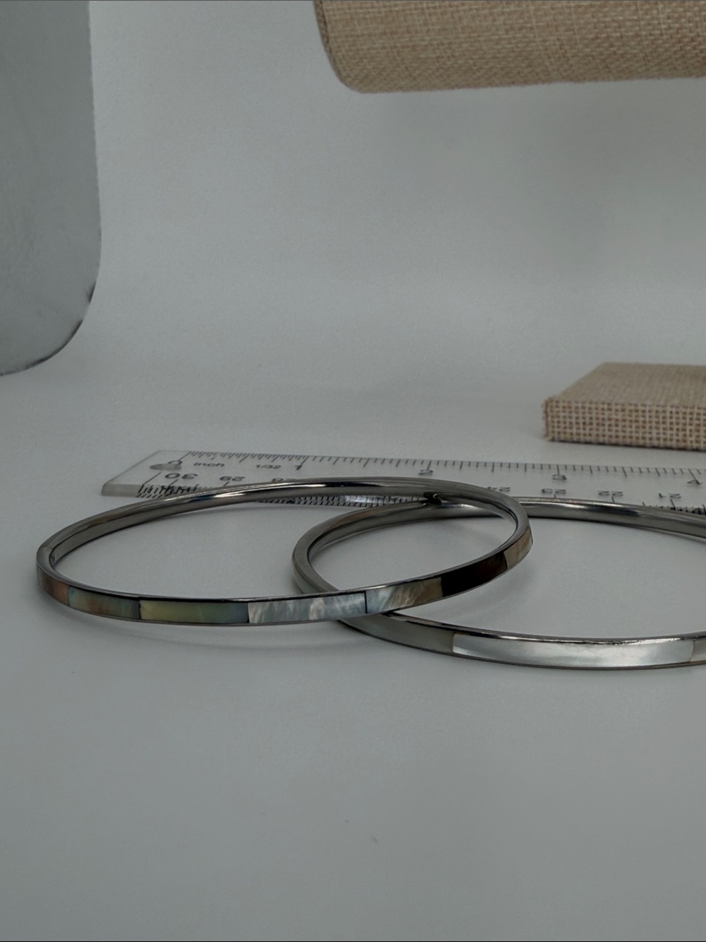 Delicate Silver with Iridescent Inlays Bangle Set - Modern Stackable Bracelets - Picture 7 of 7